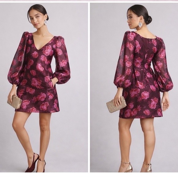 BHLDN Dresses & Skirts - BHLDN Floral Puff Sleeve Mini Dress Plum Pink V-Neck Pockets Size xs $198 Retail